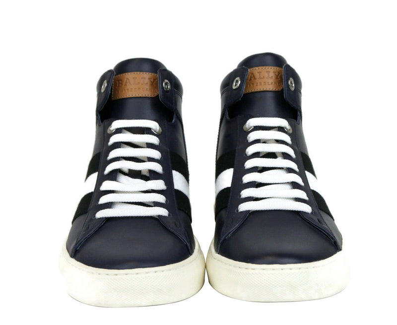 Bally Men's Dark Blue Calf Leather Hi-top Sneaker With Black White Hedern-129 (Size: 8 D)