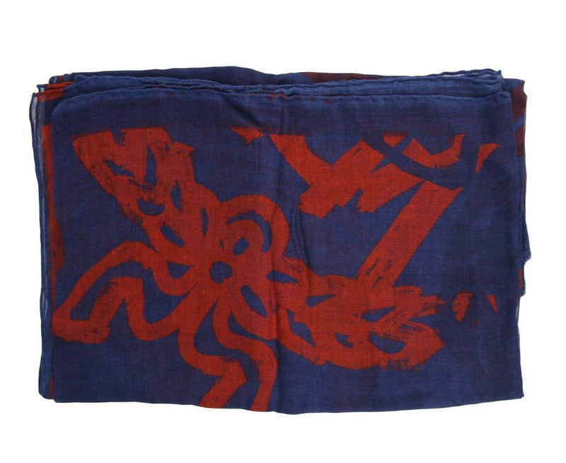 MCM Women's Blue Allover Logo Print Silk Wool Large Scarf Shawl