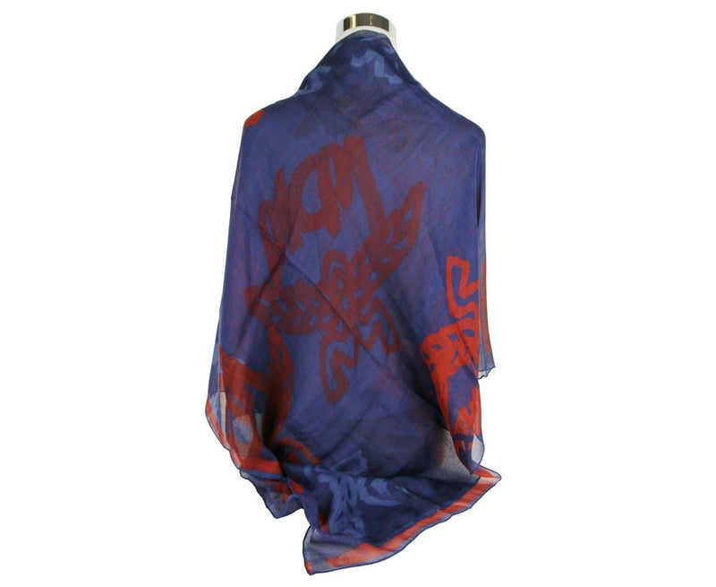MCM Women's Blue Allover Logo Print Silk Wool Large Scarf Shawl MEF9AMM09VS001