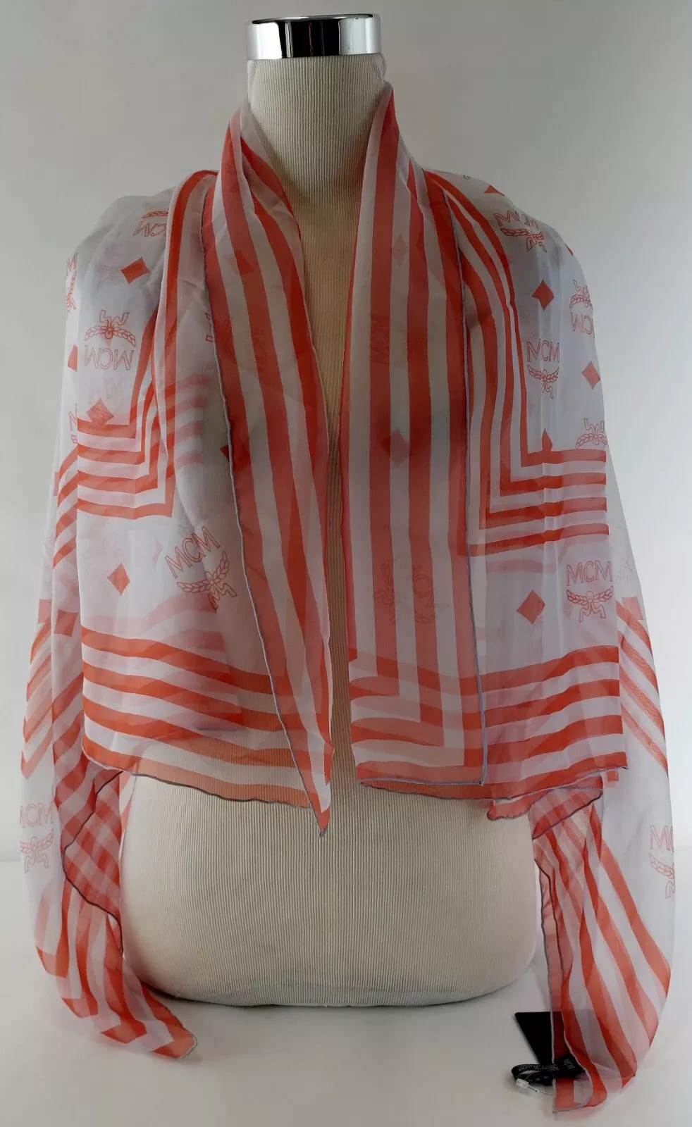 MCM Gray Dawn Silk Jacquard Scarf w/Monogram and Stripes