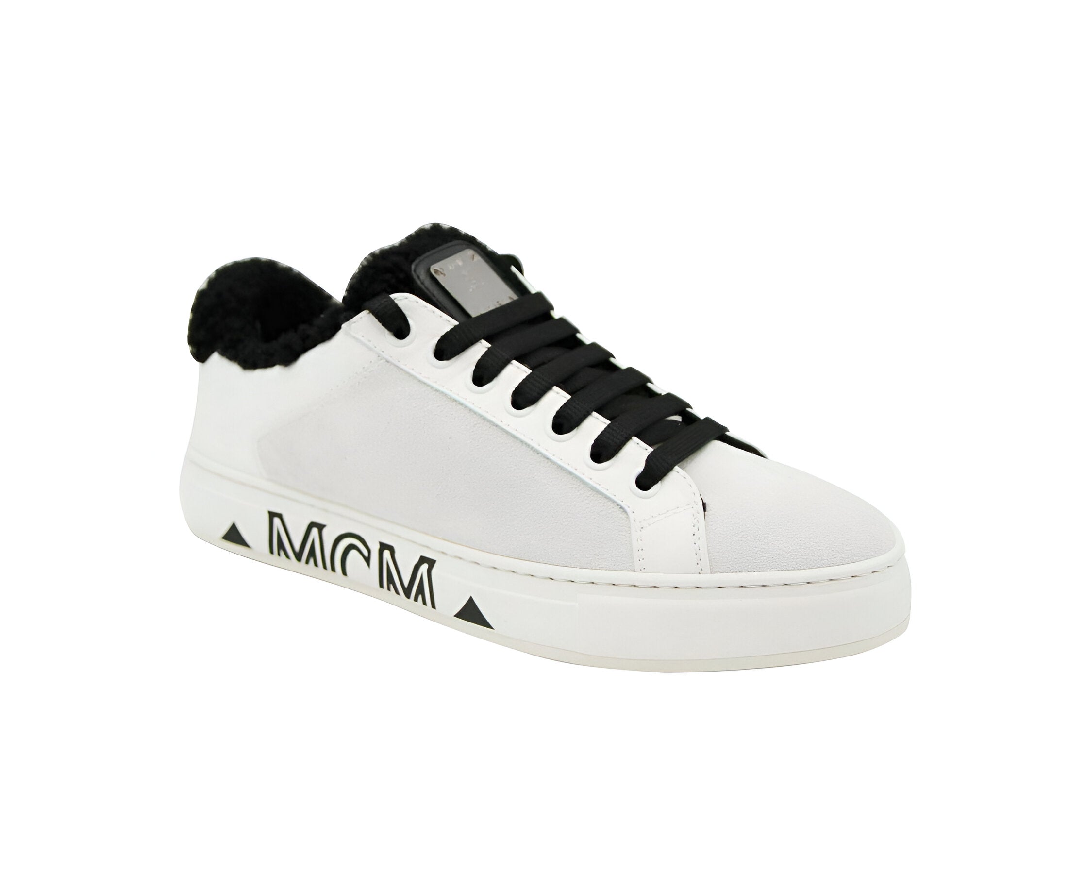 MCM Women's White Milano Suede Black Shearling Low Top Sneaker (37 EU / 7 US)