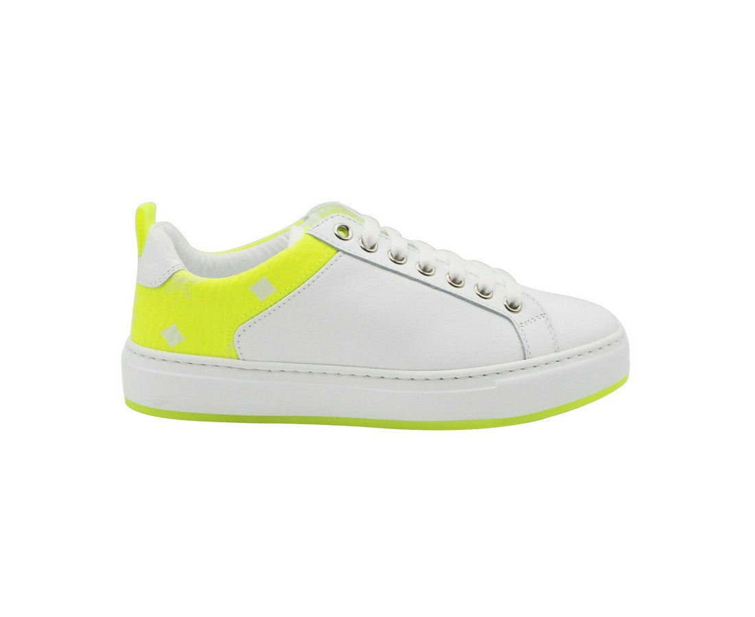 MCM Women's White Leather Neon Green Logo Trim Low Top Sneaker (36 EU / 6 US)