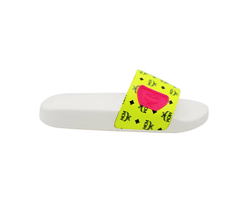 MCM Women's White / Neon Yellow Logo Leather Rubber Slides Sandals (36 EU / 6 US)