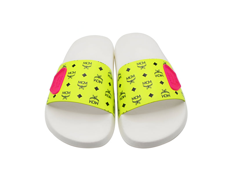 MCM Women's White / Neon Yellow Logo Leather Rubber Slides Sandals (36 EU / 6 US)