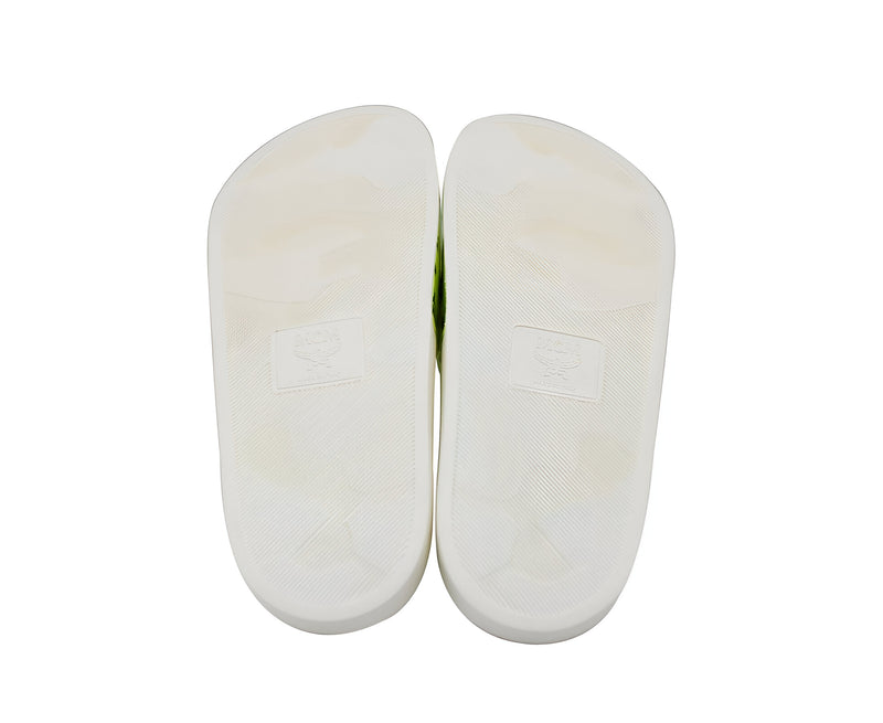 MCM Women's White / Neon Yellow Logo Leather Rubber Slides Sandals (36 EU / 6 US)