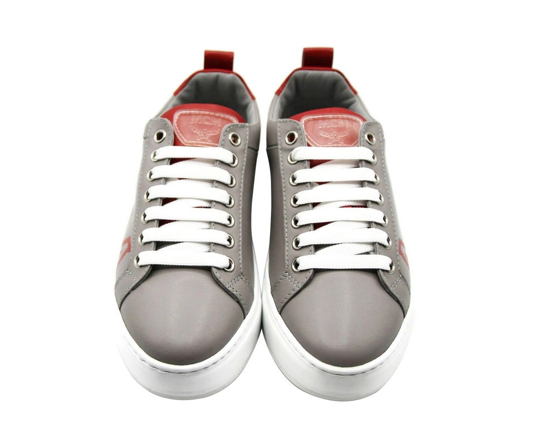 MCM Women's Grey Leather With Red Trim And Logo Low Top Sneaker (35 EU / 5 US)