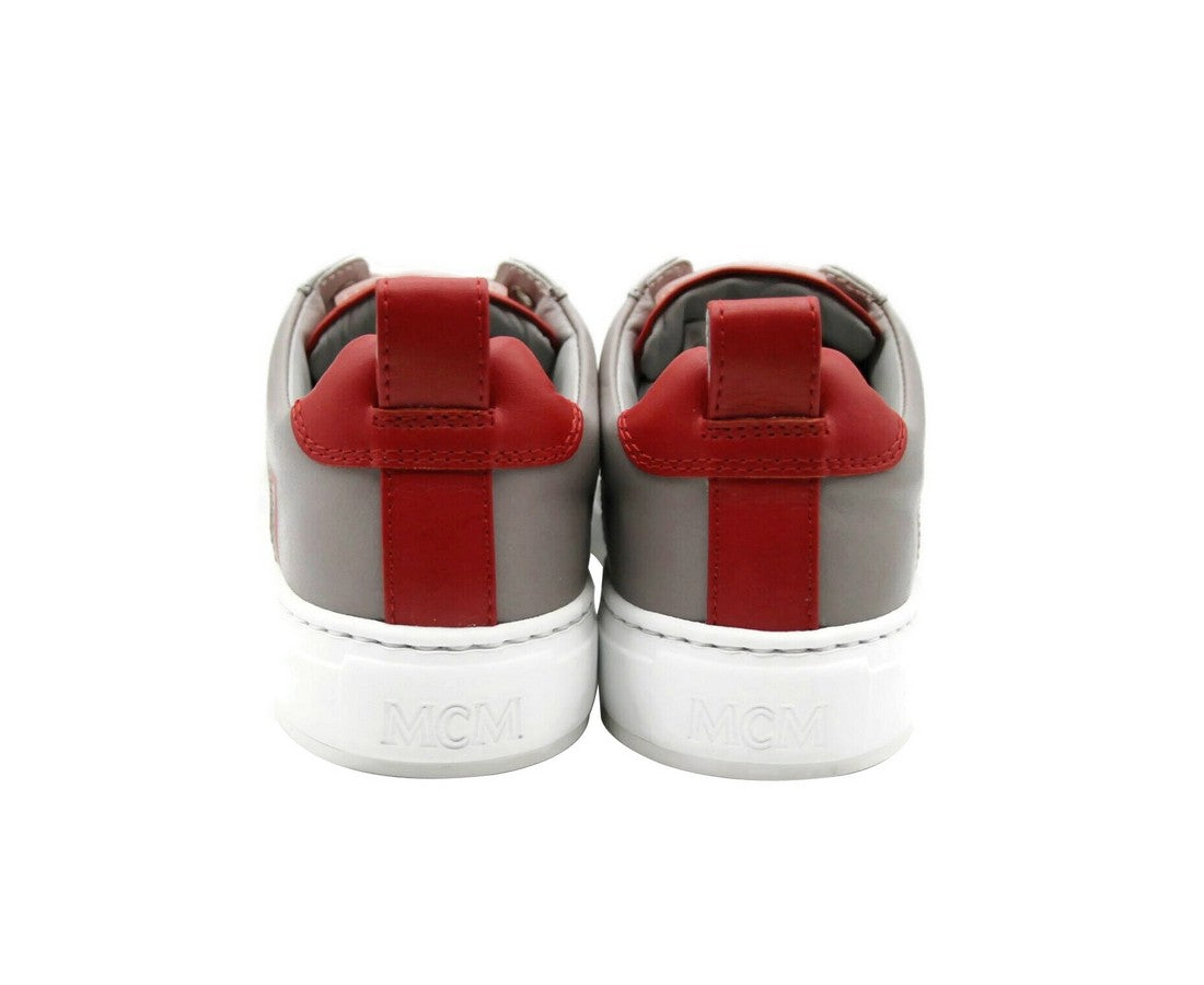 MCM Women's Grey Leather With Red Trim And Logo Low Top Sneaker (37 EU / 7 US)