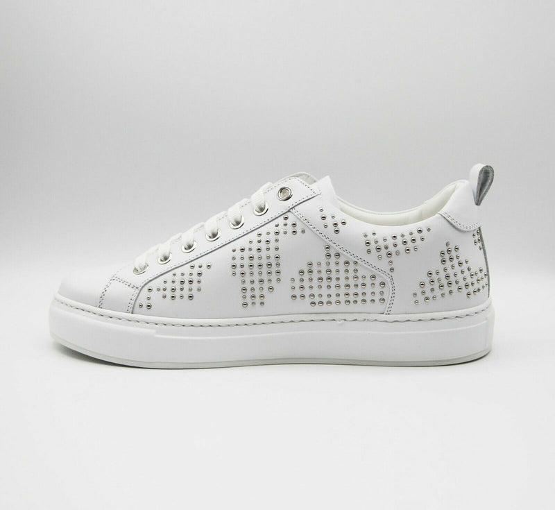 MCM Women's White Leather Silver Studded Sneaker (37 / US 7)