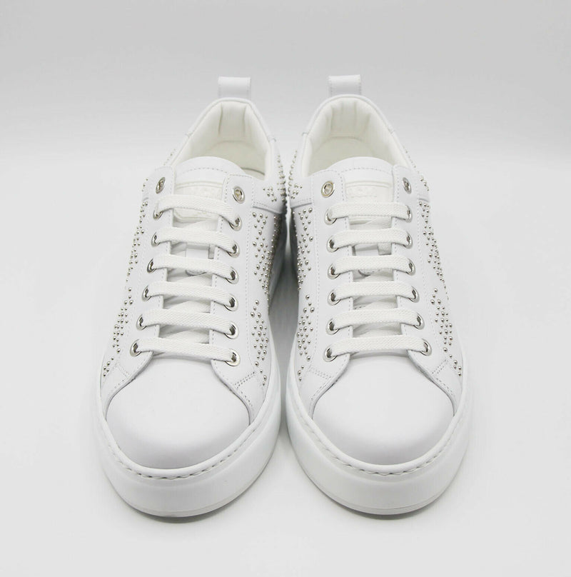 MCM Women's White Leather Silver Studded Sneaker (37 / US 7)