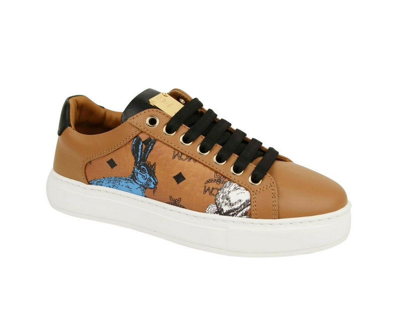 MCM Women's Cognac Brown Visetos Leather Rabbit Print Sneakers MES9AMM76CO0