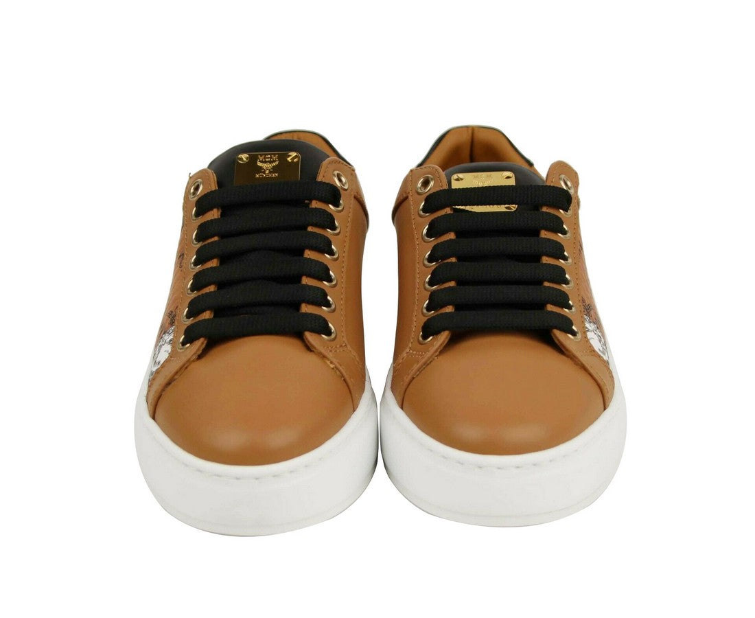 MCM Women's Cognac Brown Visetos Leather Rabbit Print Sneakers (35 EU / 5 US)