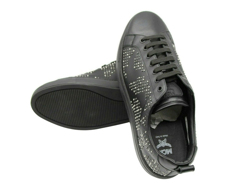 MCM Men's Black Leather Silver Studded Low Top Sneakers