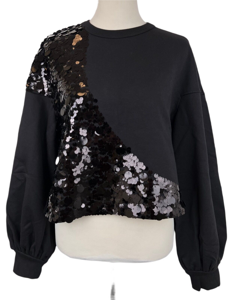 MCM Women's Black Cotton Pull Over Cropped Sequin Sweater S