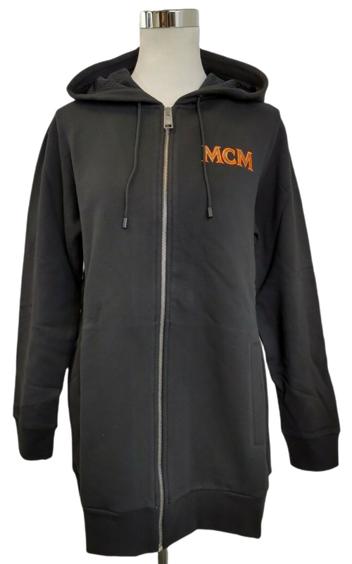 MCM Women's Black Cotton Embroidered Fringe Logo Zip Up Jacket