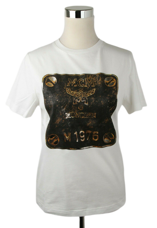 MCM Women's Black Cotton Short Sleeve Plaque Logo Print T-Shirt MFT8AM