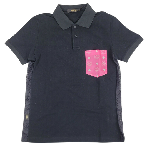 New MCM Women's Black Cotton Pink Nylon Pocket Polo Shirt M