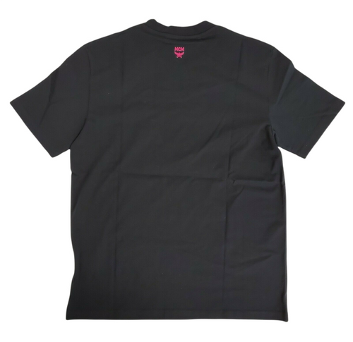 MCM Women's Black Cotton T-shirt with Pink Logo on Bottom (Regular; M)