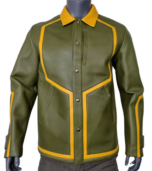 MCM Men's Winter Moss Green Leather Stripes Bomber Jacket