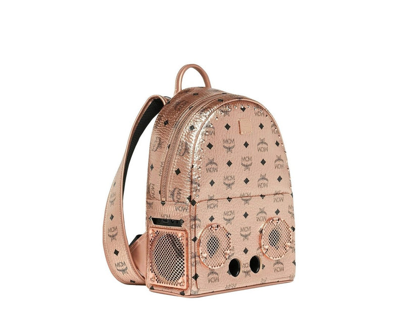 MCM Men's Wizpak Champagne Gold Visetos Studded Speaker Small Backpack