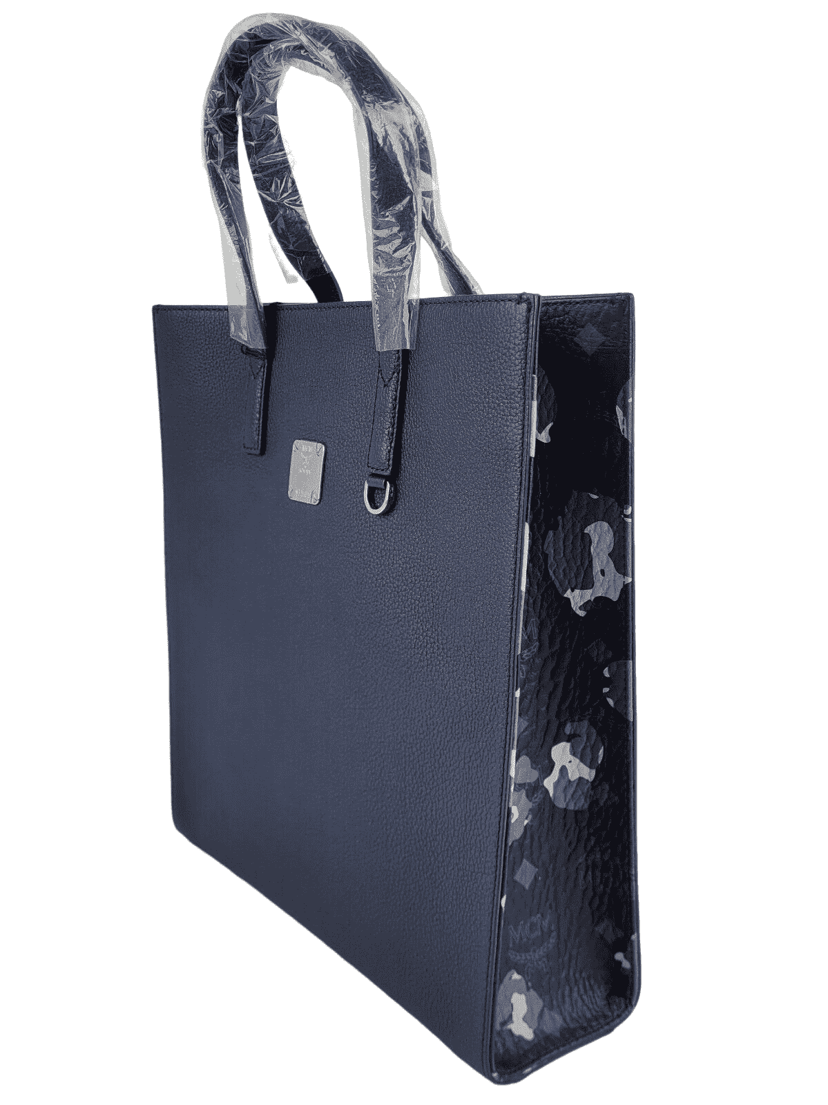 MCM Navy Leather Messenger Tote Bag with Camo Print