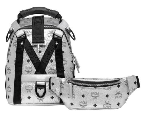 Mcm backpack silver and black hotsell