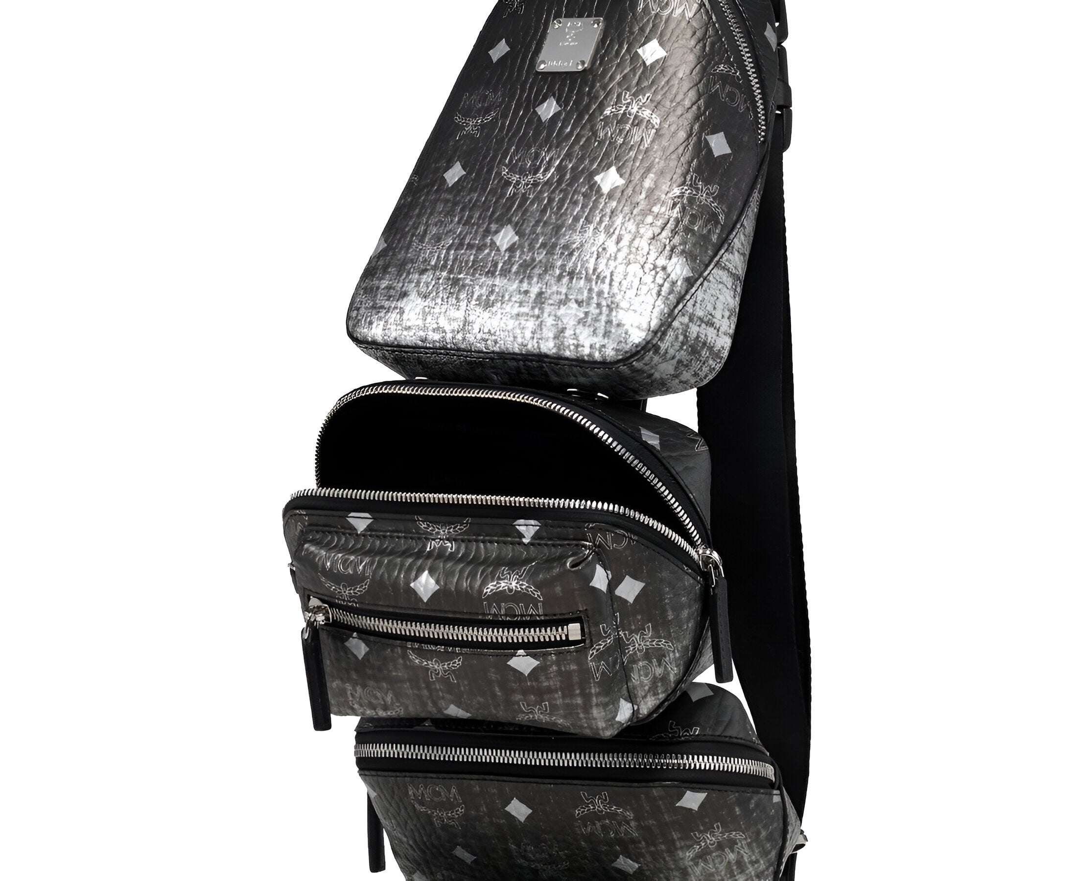 MCM Black Silver Gradien Visetos Trey 4-in-1 Sling Crossbody Belt Bag
