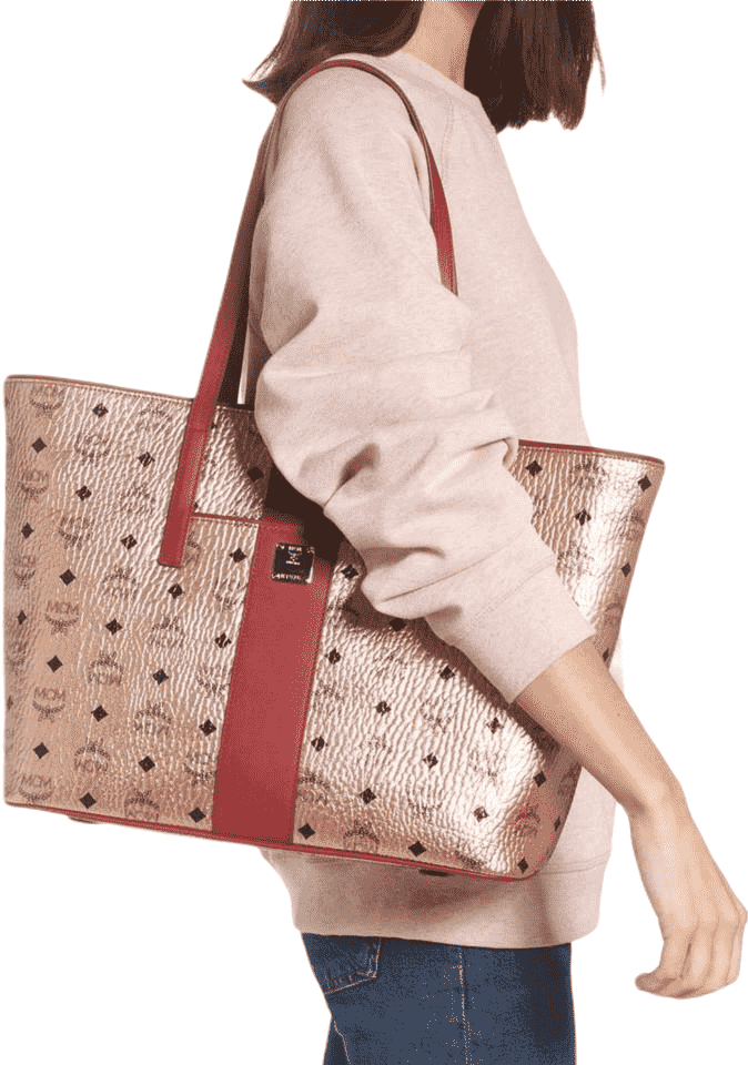 MCM Champagne Gold Monogram Visetos Canvas Medium Tote Bag