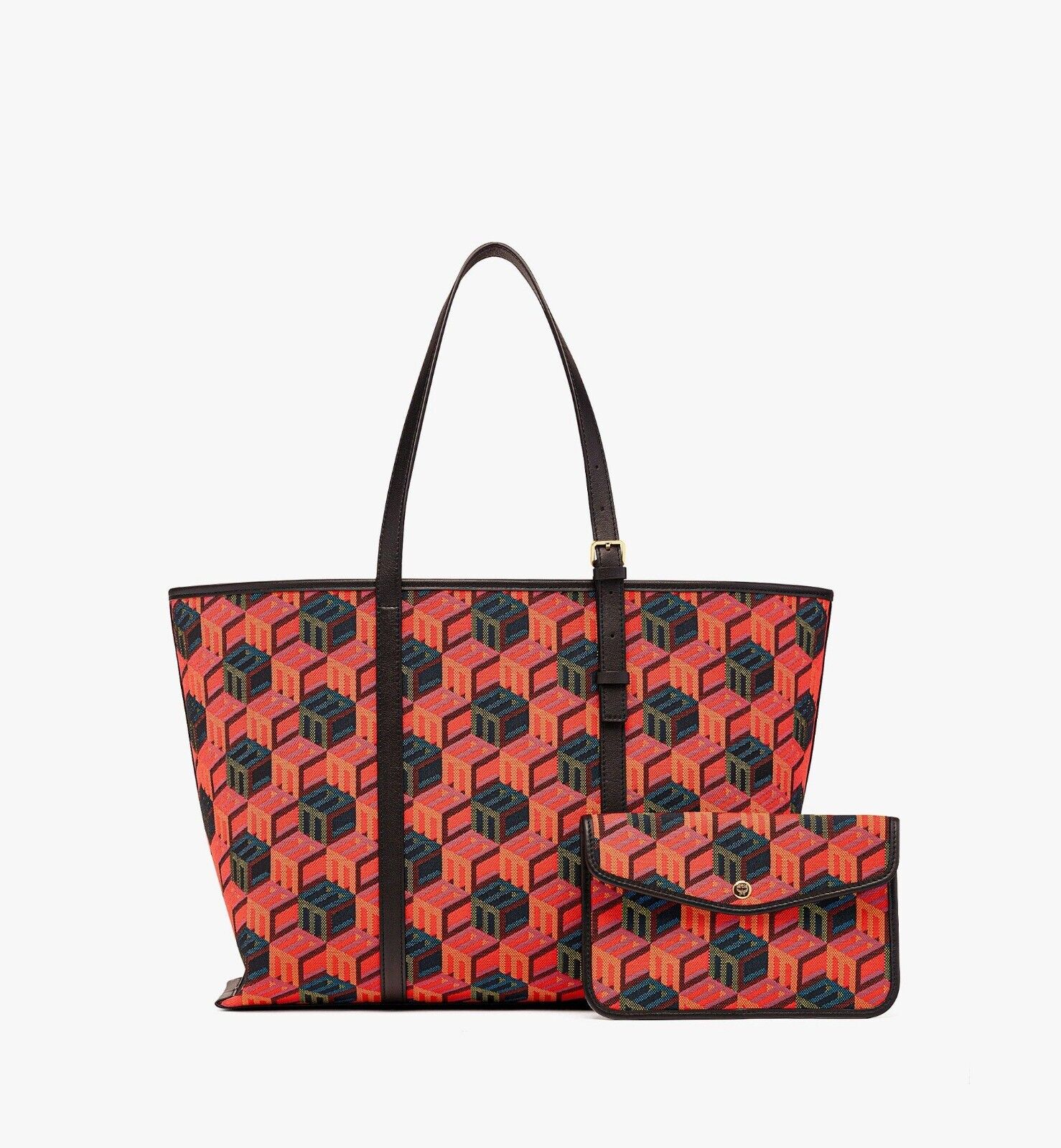 MCM Orange/Red Cubic Logo Jacquard Medium Leather Trim Tote Bag