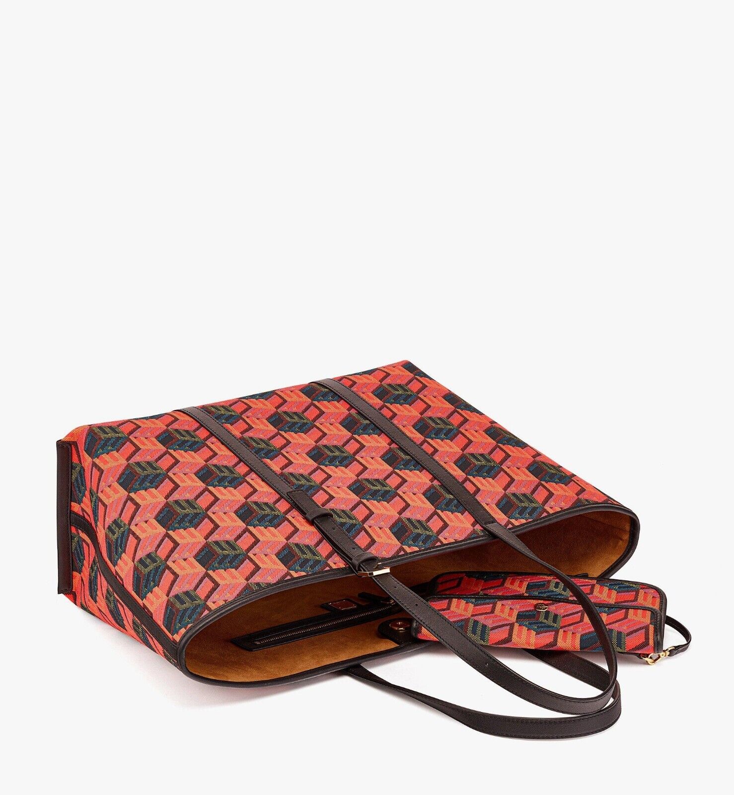 MCM Orange/Red Cubic Logo Jacquard Medium Leather Trim Tote Bag