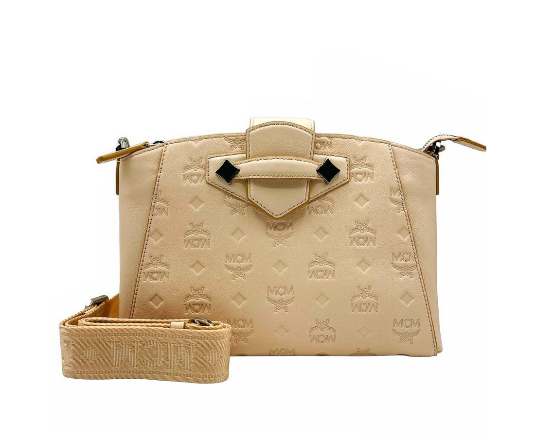 Monogram Leather Essential Tote Crossbody Bag Beige Peach