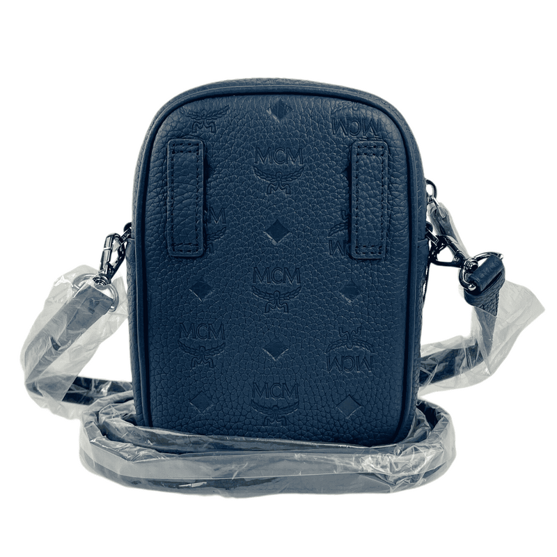MCM Mini Tivitat Women's Blue Monogram Leather Crossbody Sling Bag