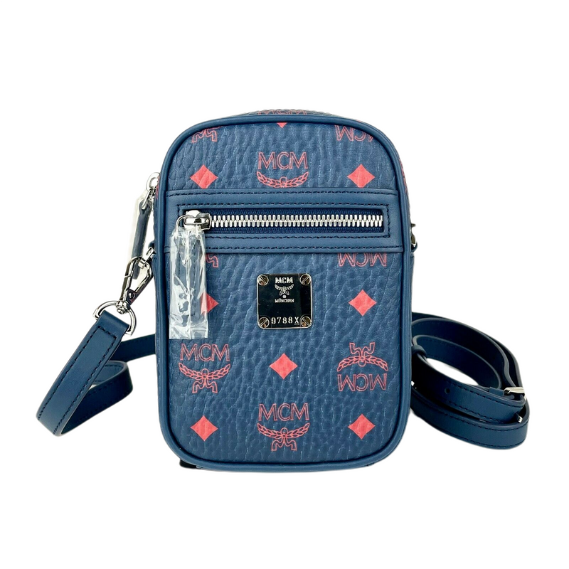 MCM Women's Deep Blue Visetos Red Logo Small Crossbody Bag