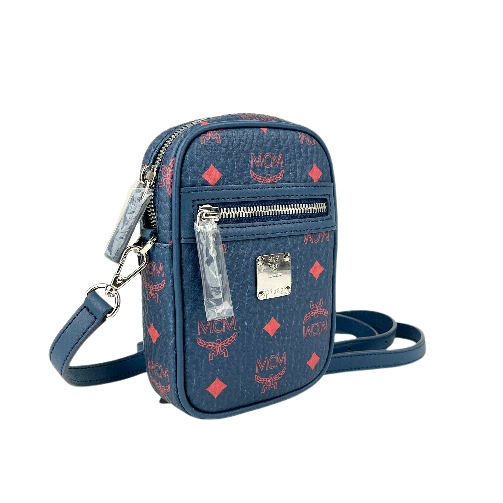 MCM Deep Blue Visetos Red Logo Small Crossbody Bag