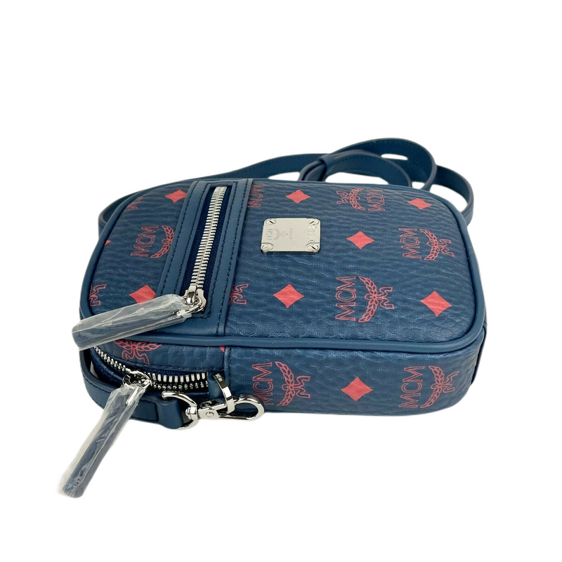 MCM Women's Deep Blue Visetos Red Logo Small Crossbody Bag