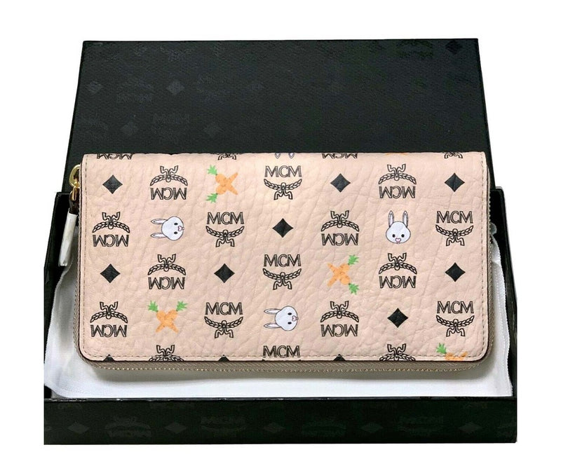 MCM Women's Beige Visetos Coated Canvas Zip Around Rabbit Wallet