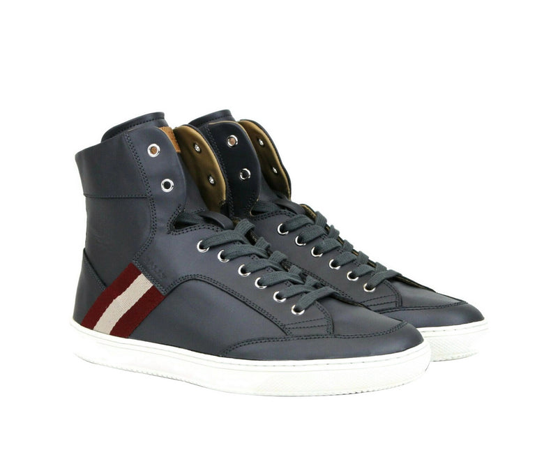 Bally Men's Dark Grey Calf Leather Hi-top Sneaker With Red Beige