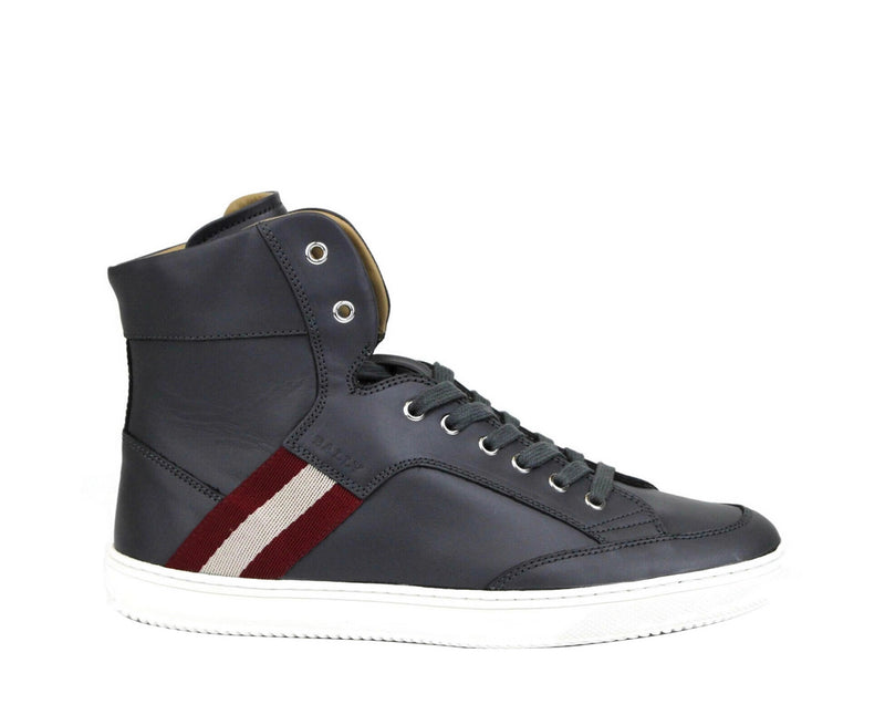 Bally Men's Dark Grey Calf Leather Hi-top Sneaker With Red Beige Oldani.o-225