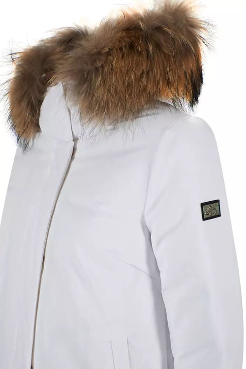 Yes Zee Chic White Down Jacket with Fur-Trimmed Women's Hood