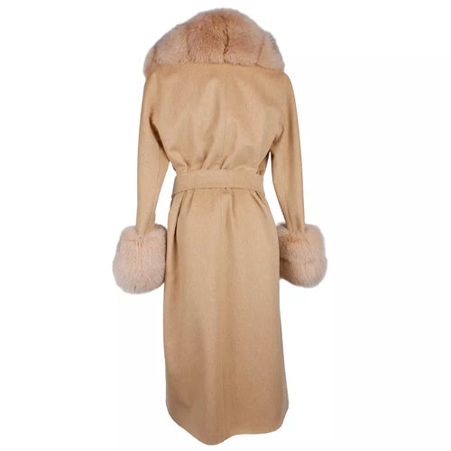 Made in Italy Elegant Beige Wool Coat with Fox Fur Women's Trim