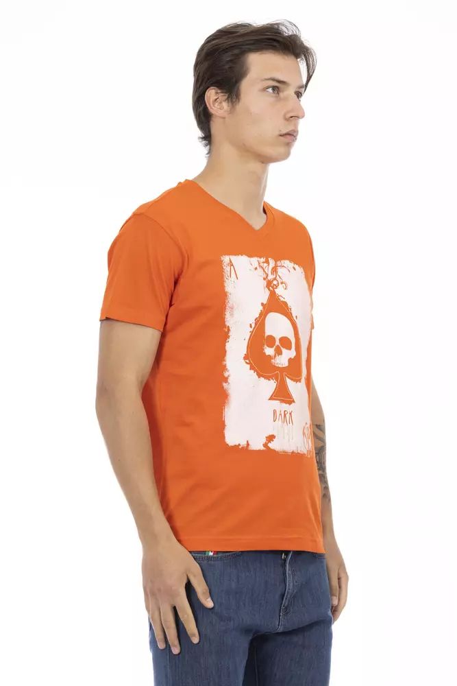 Trussardi Action Vibrant Orange V-Neck Tee with Graphic Men's Print