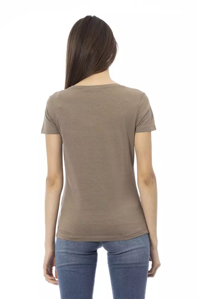 Trussardi Action Chic Brown Short Sleeve Tee with Stylish Front Women's Print