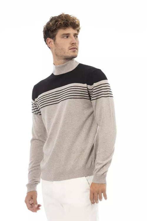 Alpha Studio Beige Mock Neck Luxury Men's Sweater