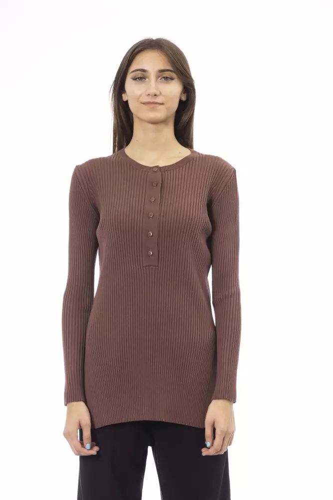 Alpha Studio Chic Brown Side-Slit Sweater with Button Women's Details