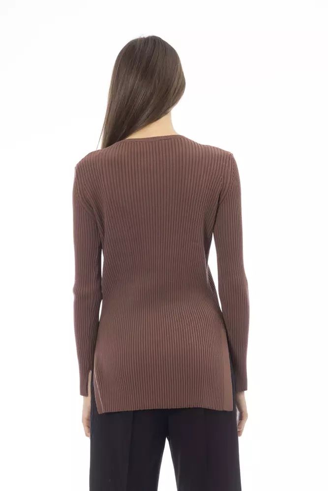 Alpha Studio Chic Brown Side-Slit Sweater with Button Women's Details