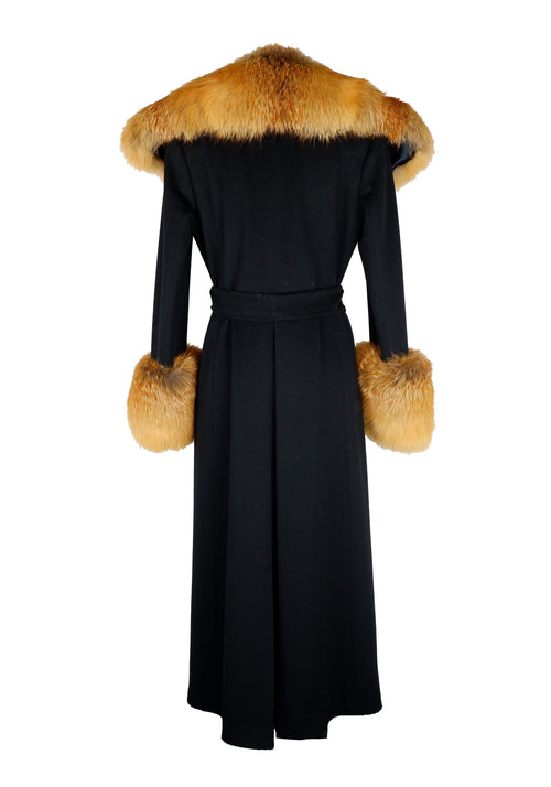 Made in Italy Elegant Black Wool Coat with Fox Fur Women's Accents