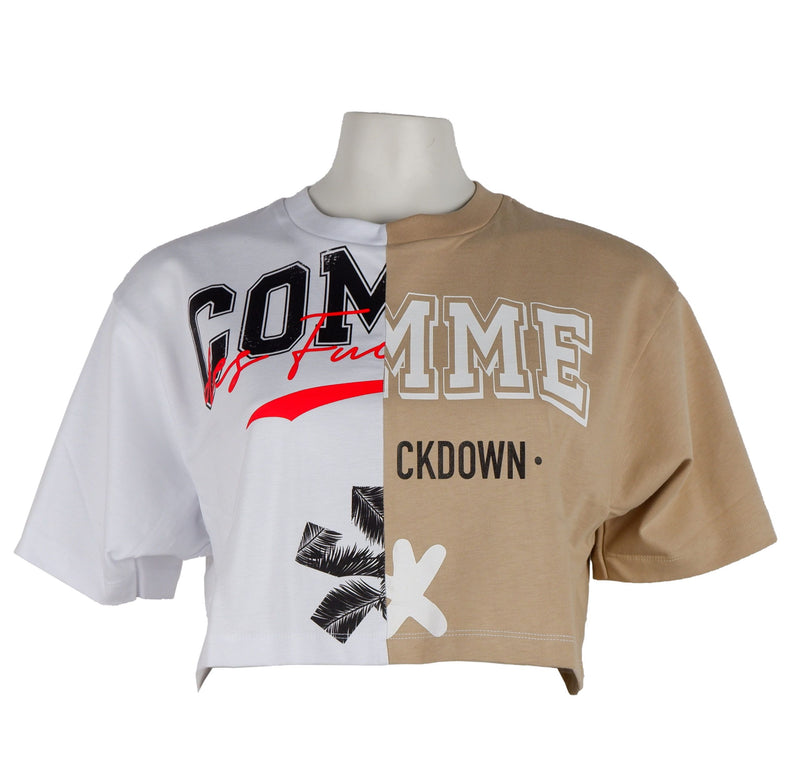 Comme Des Fuckdown Beige Couture Logo Tee with Two-Tone Women's Print