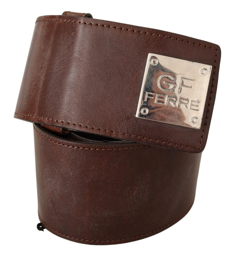 GF Ferre Brown Genuine Leather Wide Logo Buckle Waist Women's Belt