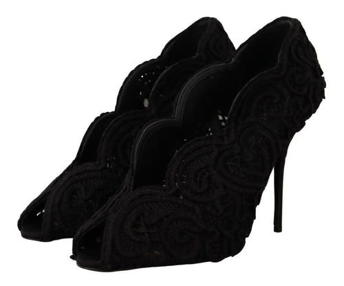 Dolce & Gabbana Black Cordonetto Ricamo Pump Open Toe Women's Shoes