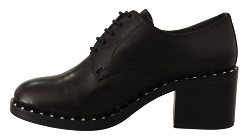 ASH Black Leather Block Mid Heels Lace Up Studs Women's Shoes