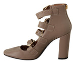 MY TWIN Brown Leather Block Heels Multi Buckle Pumps Women's Shoes